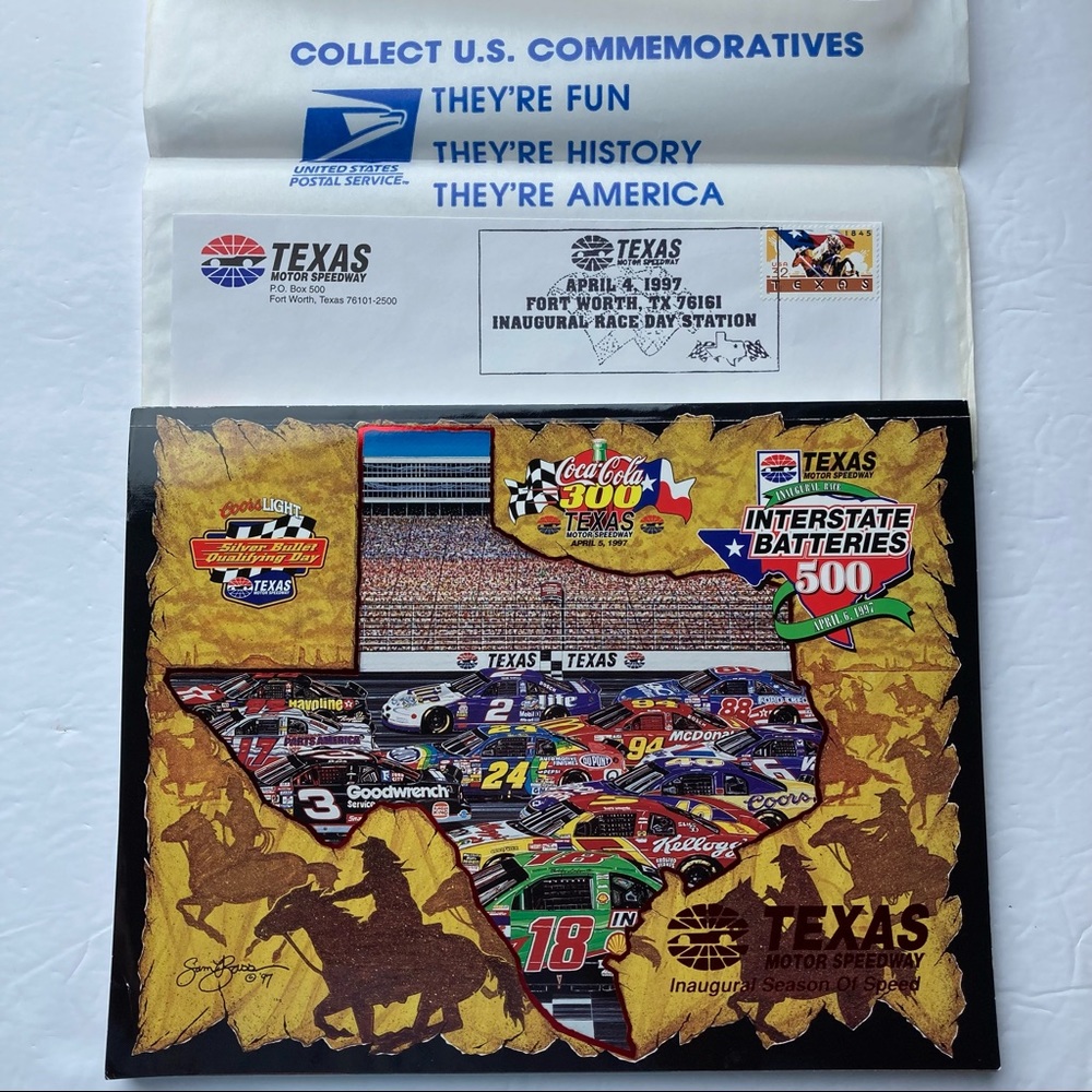 Vintage 1997 TEXAS MOTOR SPEEDWAY INAUGURAL PROGRAM w/Collectible USPS Stamp Env